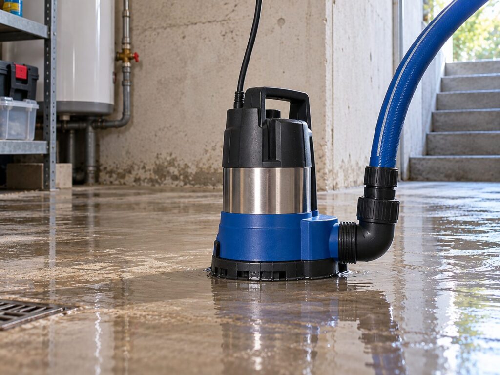 Flachsaugende Tauchpumpe auf Kellerboden mit sehr geringer Restwasserhöhe