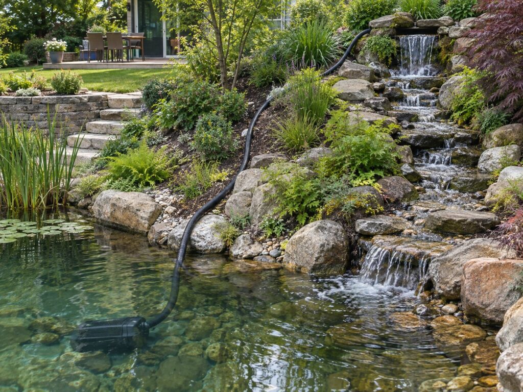 Bachlaufpumpe fördert Wasser vom Gartenteich zum erhöhten Bachlauf