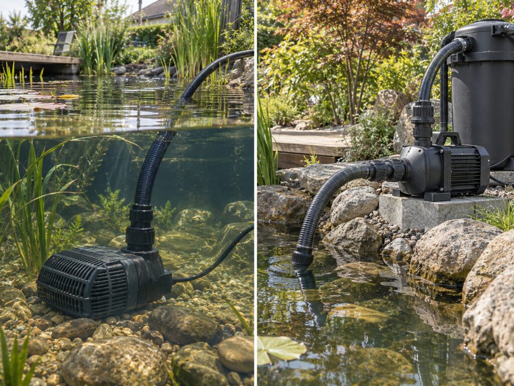 Teichpumpe in Nassaufstellung und Trockenaufstellung im Vergleich