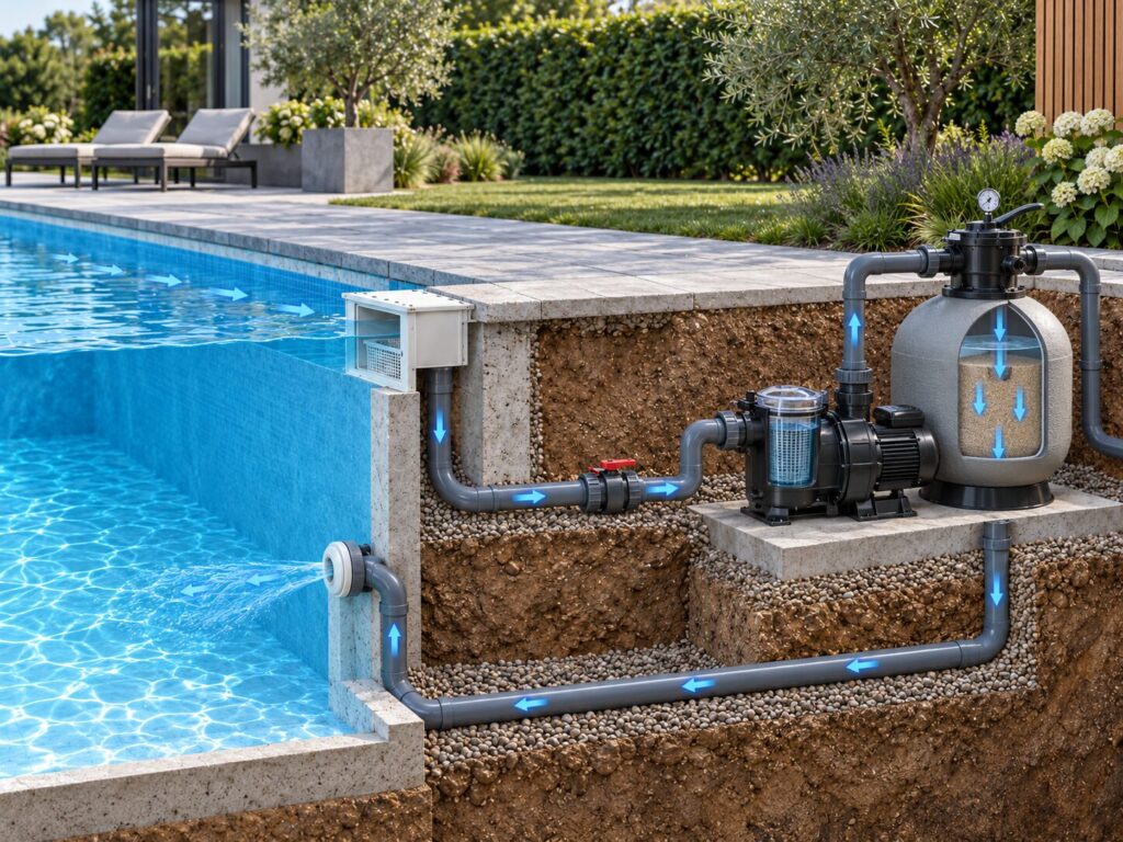Poolpumpe: Funktion, Leistung & passende Sandfilteranlage 2 Wasserkreislauf vom Skimmer über Poolpumpe und Filter zur Einlaufdüse