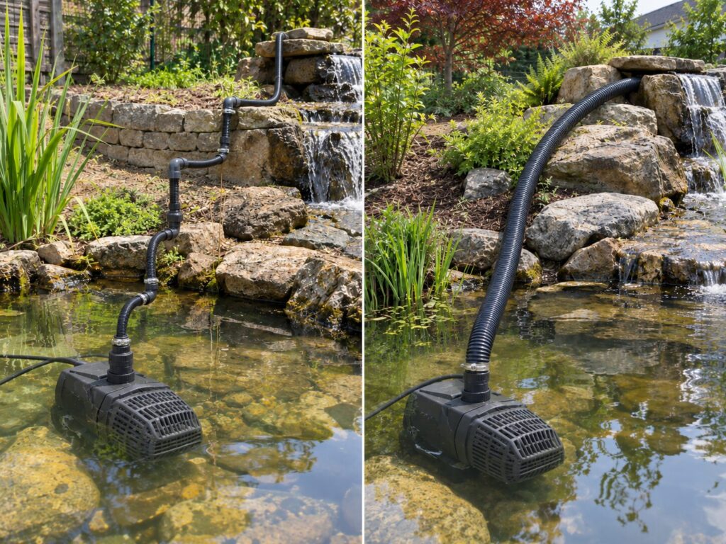 Teichpumpen mit unterschiedlich dimensionierten Druckschläuchen
