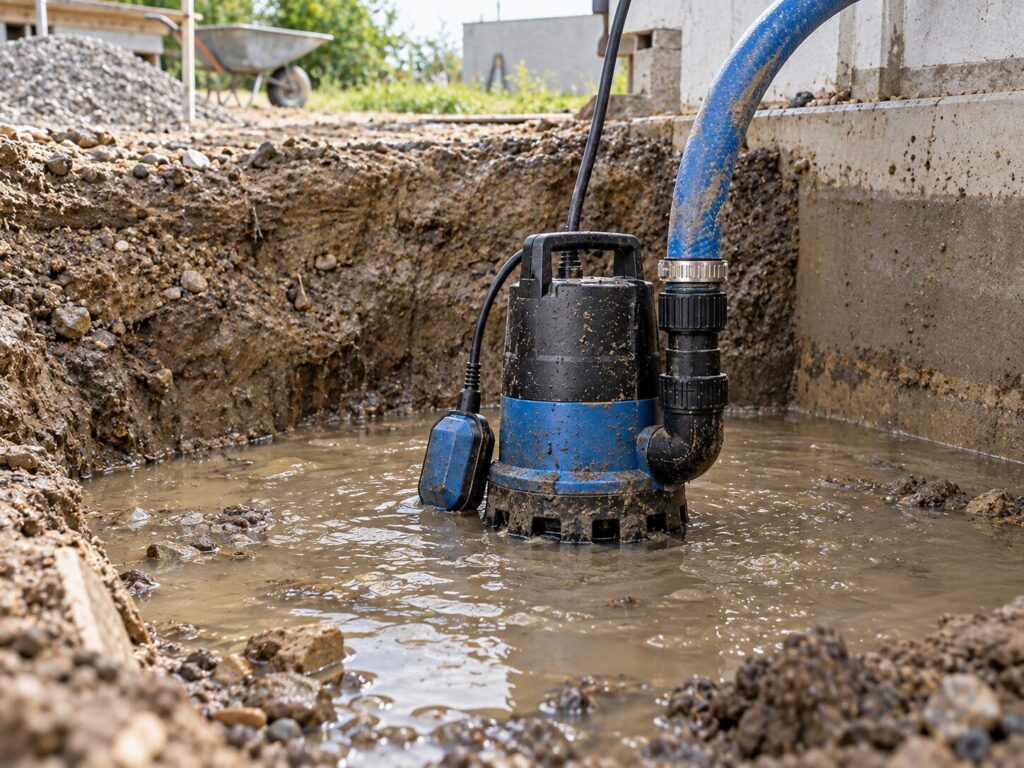 Schmutzwasserpumpe in einer Baugrube mit schlammigem Wasser und Feststoffen