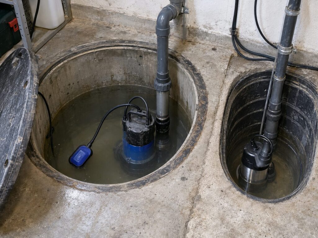 Tauchpumpe im Pumpensumpf mit Schwimmerschalter und kompakter Automatiklösung