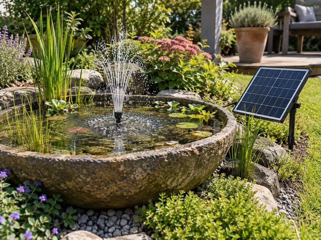 Solar-Teichpumpe mit Solarmodul in einem kleinen Gartenteich