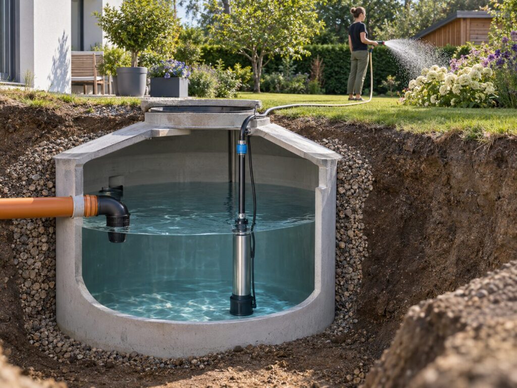 Unterirdische Zisterne mit Tauchdruck- oder Zisternenpumpe für die Gartenbewässerung